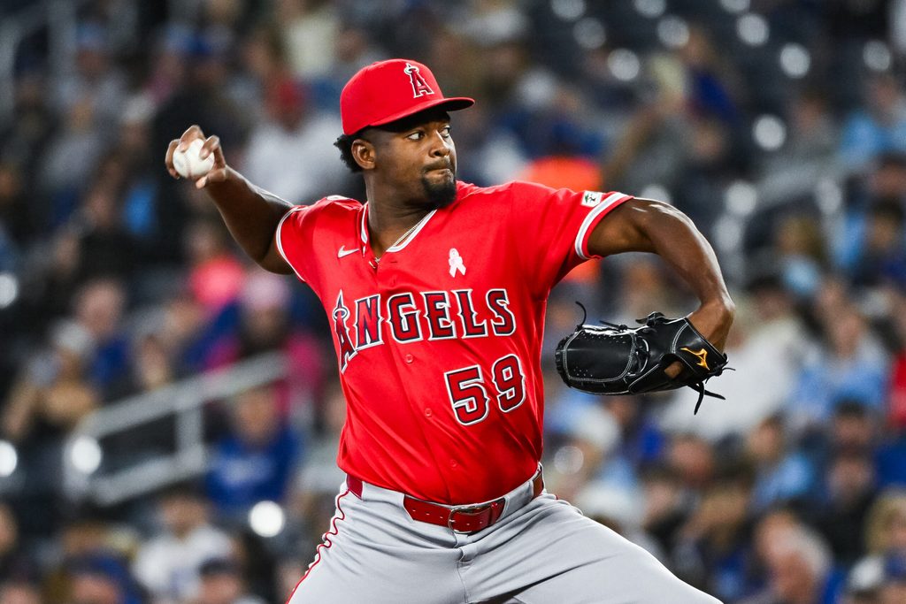 May 10, 2026; Toronto, Ontario, CAN; Los Angeles Angels starting pitcher Jose Soriano (59) throws a pitch against the Toronto Blue Jays in the first inning at Rogers Centre. Mandatory Credit: David Kirouac-Imagn Images