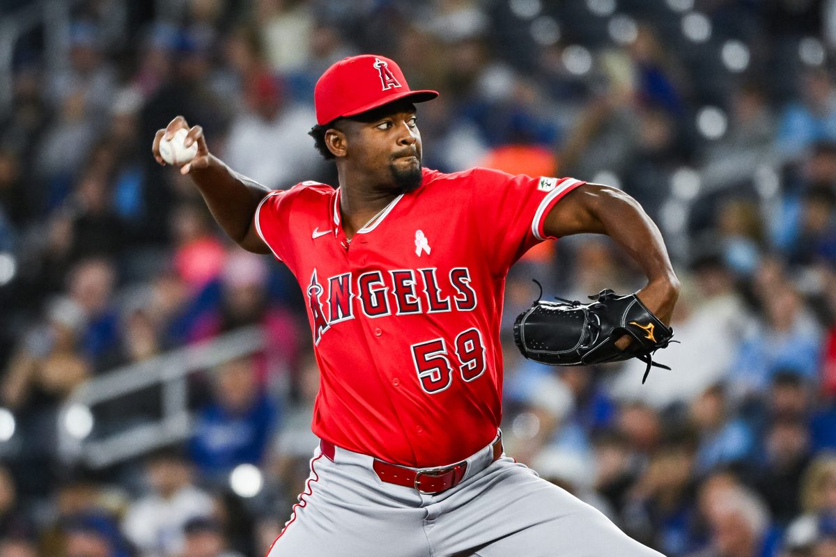 May 10, 2026; Toronto, Ontario, CAN; Los Angeles Angels starting pitcher Jose Soriano (59) throws a pitch against the Toronto Blue Jays in the first inning at Rogers Centre. Mandatory Credit: David Kirouac-Imagn Images