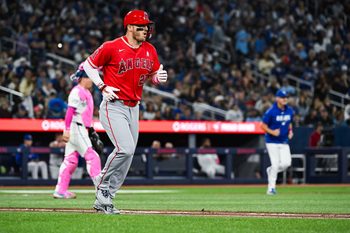 May 10, 2026; Toronto, Ontario, CAN; Los Angeles Angels center fielder Mike Trout (27) jogs towards the first base after being walked against the Toronto Blue Jays in the fifth inning at Rogers Centre. Mandatory Credit: David Kirouac-Imagn Images
