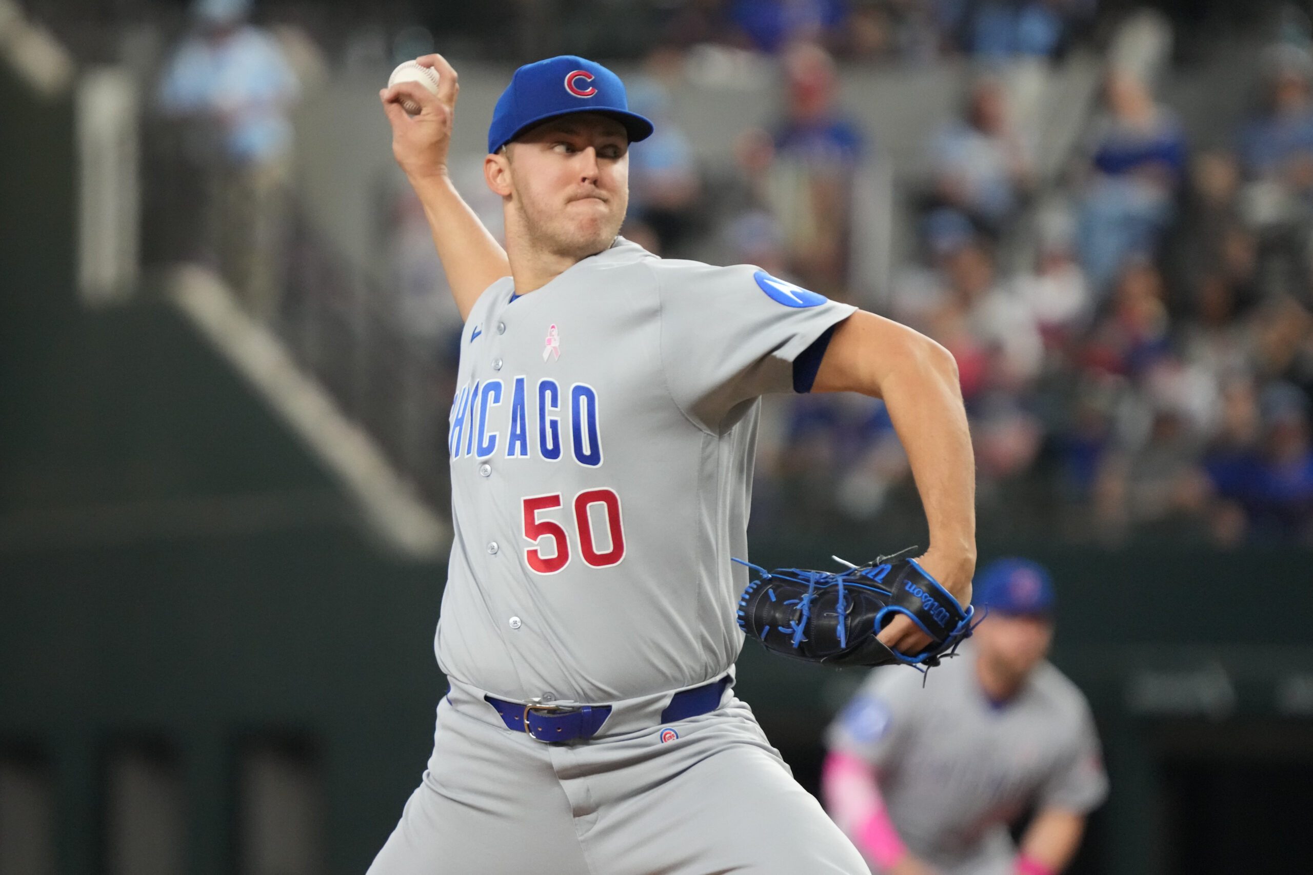 May 10, 2026; Arlington, Texas, USA;  Chicago Cubs pitcher Jameson Taillon (50) throws to the plate during the first inning against the Texas Rangers at Globe Life Field. Mandatory Credit: Raymond Carlin III-Imagn Images