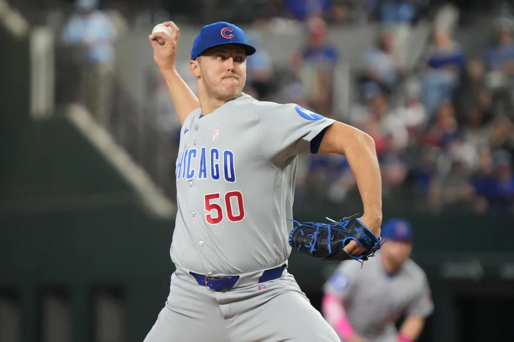 May 10, 2026; Arlington, Texas, USA; Chicago Cubs pitcher Jameson Taillon (50) throws to the plate during the first inning against the Texas Rangers at Globe Life Field. Mandatory Credit: Raymond Carlin III-Imagn Images