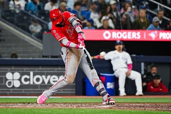 May 10, 2026; Toronto, Ontario, CAN; Los Angeles Angels right fielder Jo Adell (7) hits a homerun against the Toronto Blue Jays in the ninth inning at Rogers Centre. Mandatory Credit: David Kirouac-Imagn Images