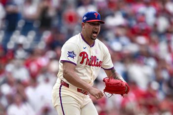 May 10, 2026; Philadelphia, Pennsylvania, USA; Philadelphia Phillies pitcher Jhoan Duran (59) reacts after getting the games final out against the Colorado Rockies at Citizens Bank Park. Mandatory Credit: John Jones-Imagn Images