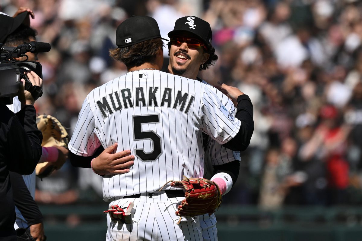 May 10, 2026; Chicago, Illinois, USA;  Chicago White Sox first baseman Munetaka Murakami (5) hugs  third baseman Miguel Vargas (20) after the game against the Seattle Mariners at Rate Field. Mandatory Credit: Matt Marton-Imagn Images