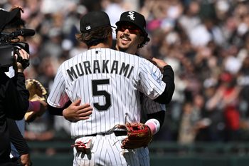 May 10, 2026; Chicago, Illinois, USA;  Chicago White Sox first baseman Munetaka Murakami (5) hugs  third baseman Miguel Vargas (20) after the game against the Seattle Mariners at Rate Field. Mandatory Credit: Matt Marton-Imagn Images