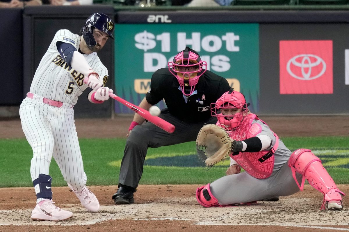 Milwaukee Brewers center fielder Garrett Mitchell (5) hits a sacrifice fly during the fourth inning of their game against the New York Yankees Sunday, May 10, 2026 at American Family Field in Milwaukee, Wisconsin.