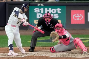 Milwaukee Brewers center fielder Garrett Mitchell (5) hits a sacrifice fly during the fourth inning of their game against the New York Yankees Sunday, May 10, 2026 at American Family Field in Milwaukee, Wisconsin.