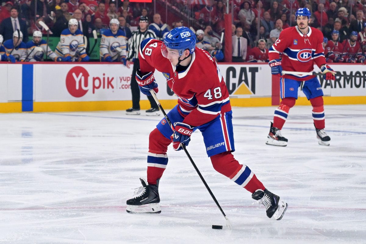 May 10, 2026; Montreal, Quebec, CAN; Montreal Canadiens defenseman Lane Hutson (48) plays the puck against the Buffalo Sabres during the third period in game three of the second round of the 2026 Stanley Cup Playoffs at the Bell Centre. Mandatory Credit: Eric Bolte-Imagn Images