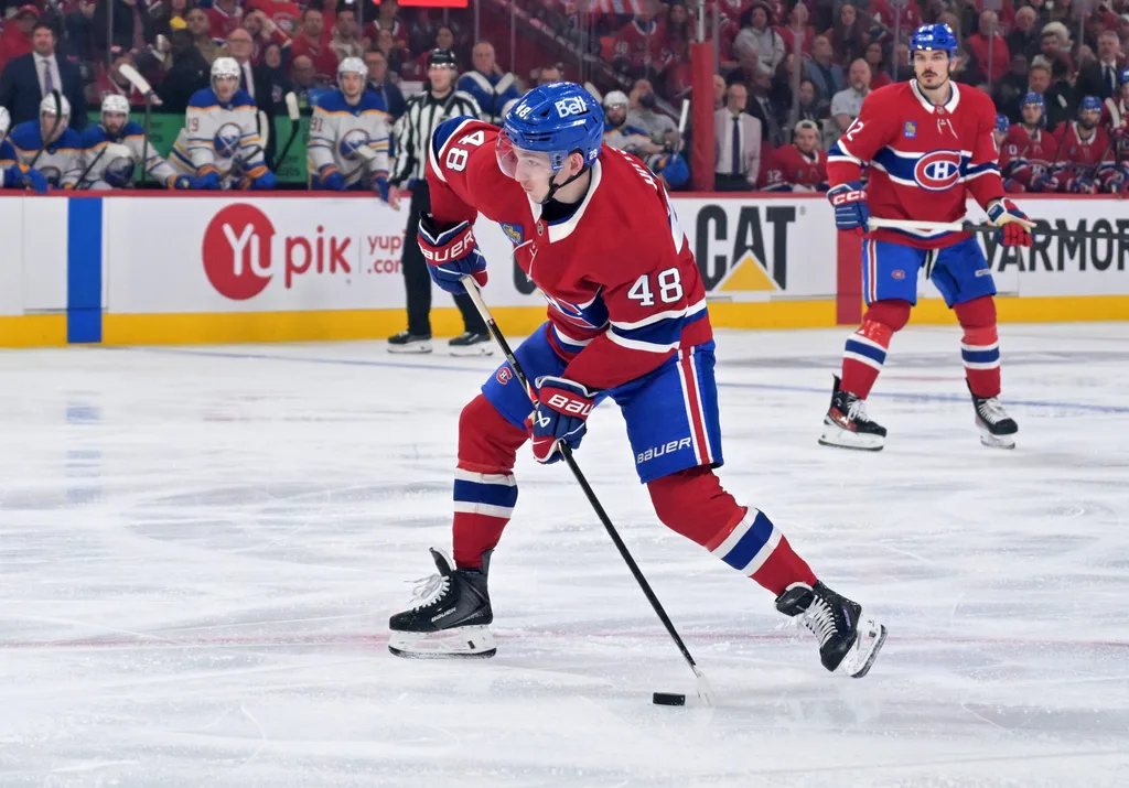 May 10, 2026; Montreal, Quebec, CAN; Montreal Canadiens defenseman Lane Hutson (48) plays the puck against the Buffalo Sabres during the third period in game three of the second round of the 2026 Stanley Cup Playoffs at the Bell Centre. Mandatory Credit: Eric Bolte-Imagn Images