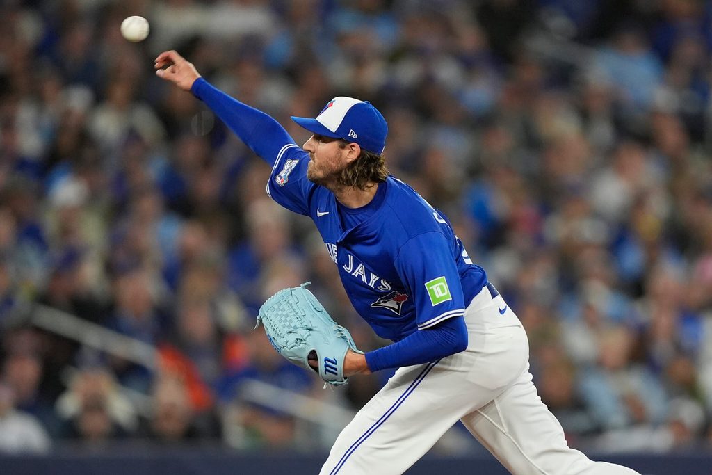 May 11, 2026; Toronto, Ontario, CAN; Toronto Blue Jays starting pitcher Kevin Gausman (34) pitches to the Tampa Bay Rays during the first inning at Rogers Centre. Mandatory Credit: John E. Sokolowski-Imagn Images