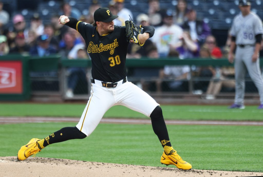 May 12, 2026; Pittsburgh, Pennsylvania, USA; Pittsburgh Pirates starting pitcher Paul Skenes (30) pitches against the Colorado Rockies during the second inning at PNC Park. Mandatory Credit: Charles LeClaire-Imagn Images