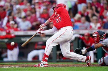 Cincinnati Reds designated hitter Sal Stewart (27) hits a single in the second inning of a MLB game between the Cincinnati Reds and Washington Nationals, Tuesday, May 12, 2026, at Great American Ball Park in downtown Cincinnati.