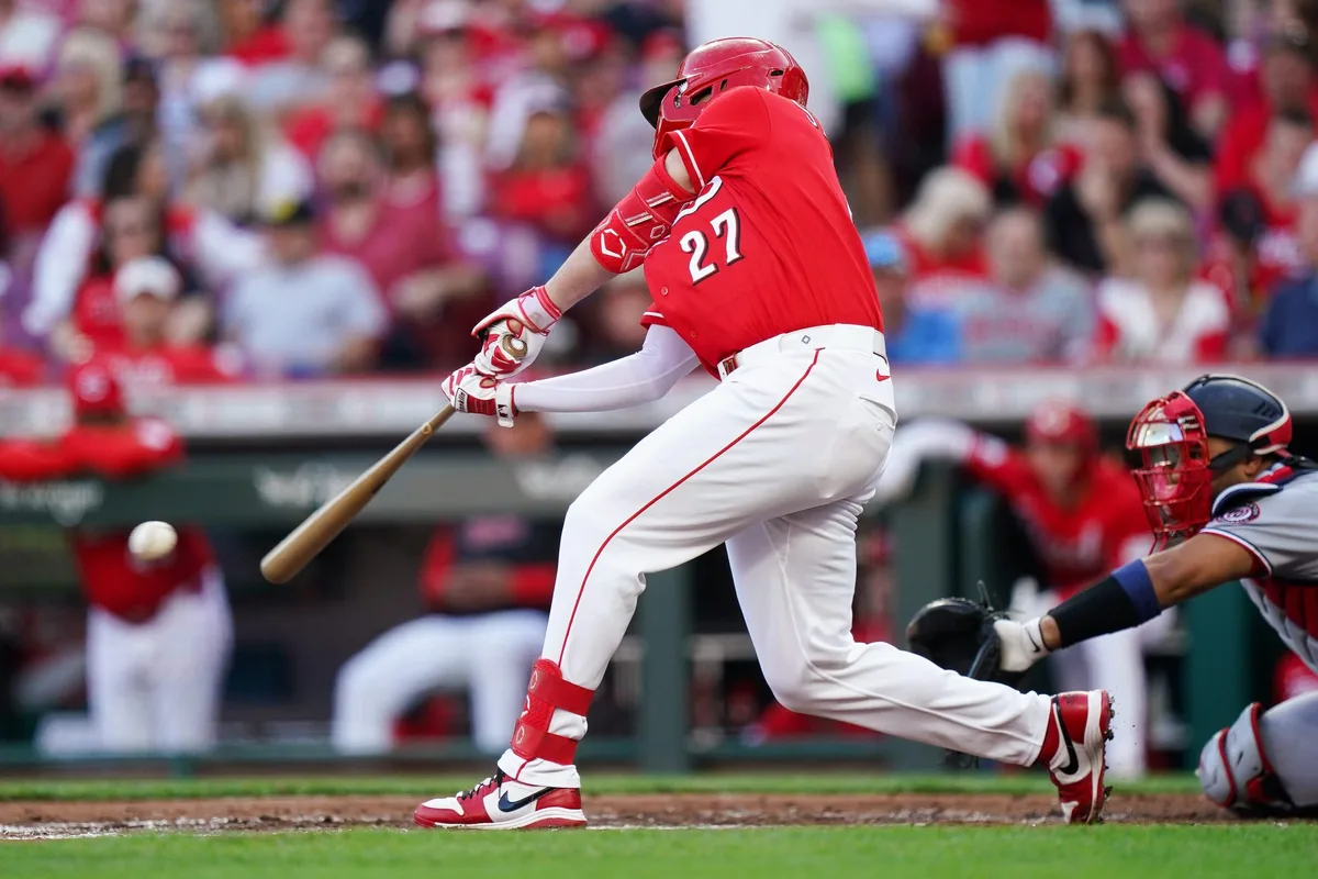 Cincinnati Reds designated hitter Sal Stewart (27) hits a single in the second inning of a MLB game between the Cincinnati Reds and Washington Nationals, Tuesday, May 12, 2026, at Great American Ball Park in downtown Cincinnati.