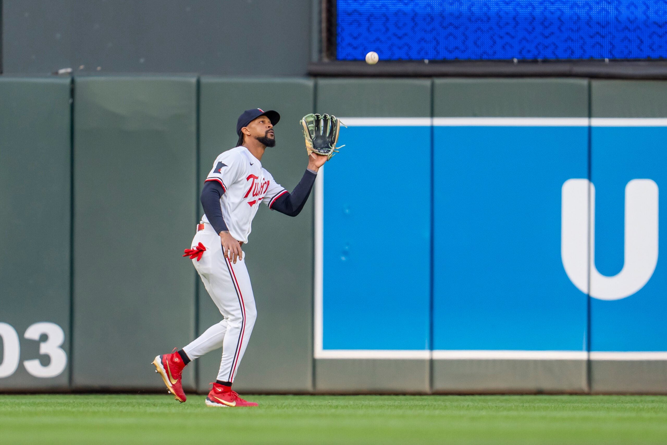May 12, 2026; Minneapolis, Minnesota, USA; Minnesota Twins center fielder Byron Buxton (25) catches a fly ball against the Miami Marlins in the fourth inning at Target Field. Mandatory Credit: Jesse Johnson-Imagn Images
