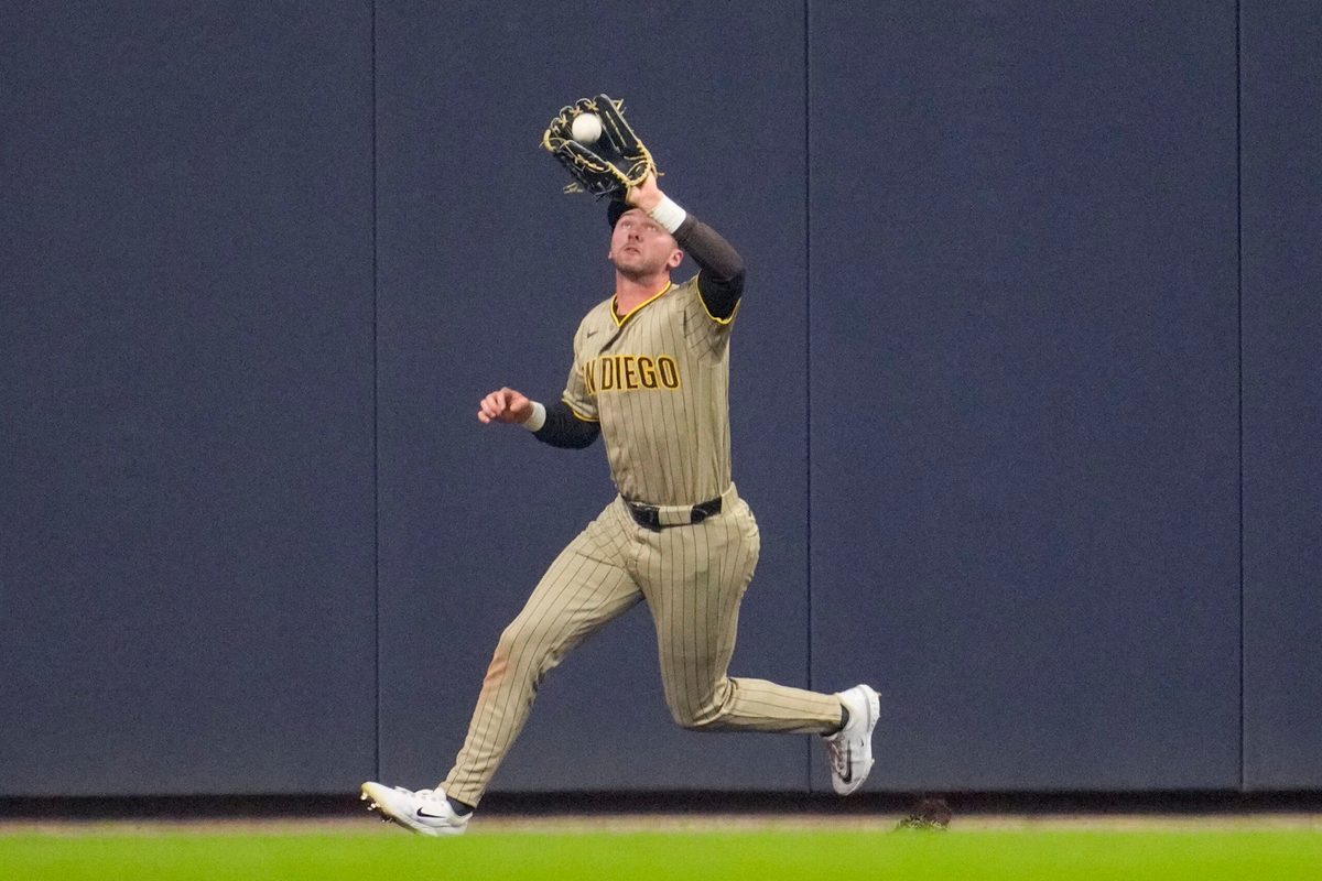 May 12, 2026; Milwaukee, Wisconsin, USA; San Diego Padres center fielder Jackson Merrill (3) catches a fly ball against the Milwaukee Brewers in the fourth inning at American Family Field. Mandatory Credit: Michael McLoone-Imagn Images