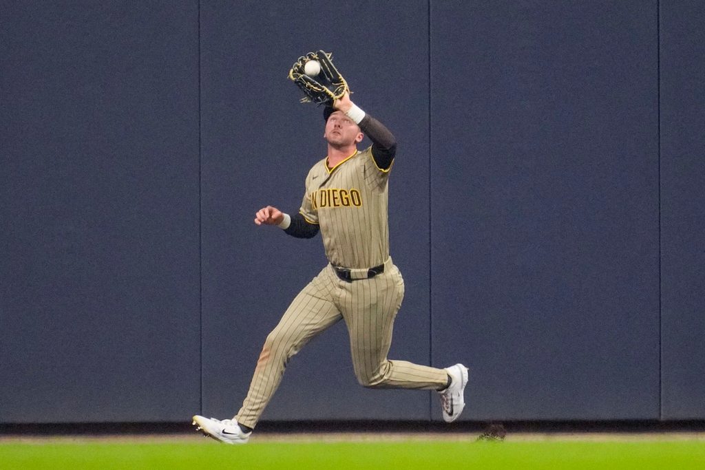 May 12, 2026; Milwaukee, Wisconsin, USA; San Diego Padres center fielder Jackson Merrill (3) catches a fly ball against the Milwaukee Brewers in the fourth inning at American Family Field. Mandatory Credit: Michael McLoone-Imagn Images