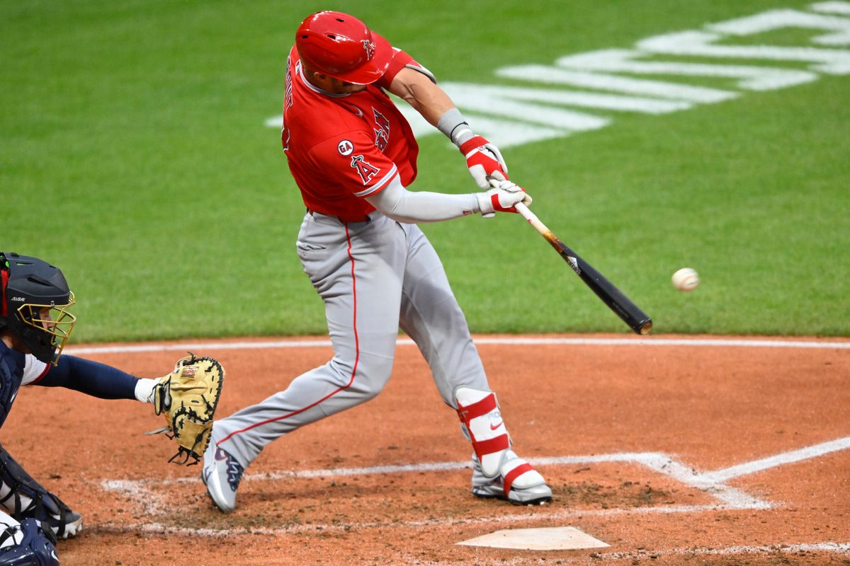 May 12, 2026; Cleveland, Ohio, USA; Los Angeles Angels center fielder Mike Trout (27) doubles in the fifth inning against the Cleveland Guardians at Progressive Field. Mandatory Credit: David Richard-Imagn Images
