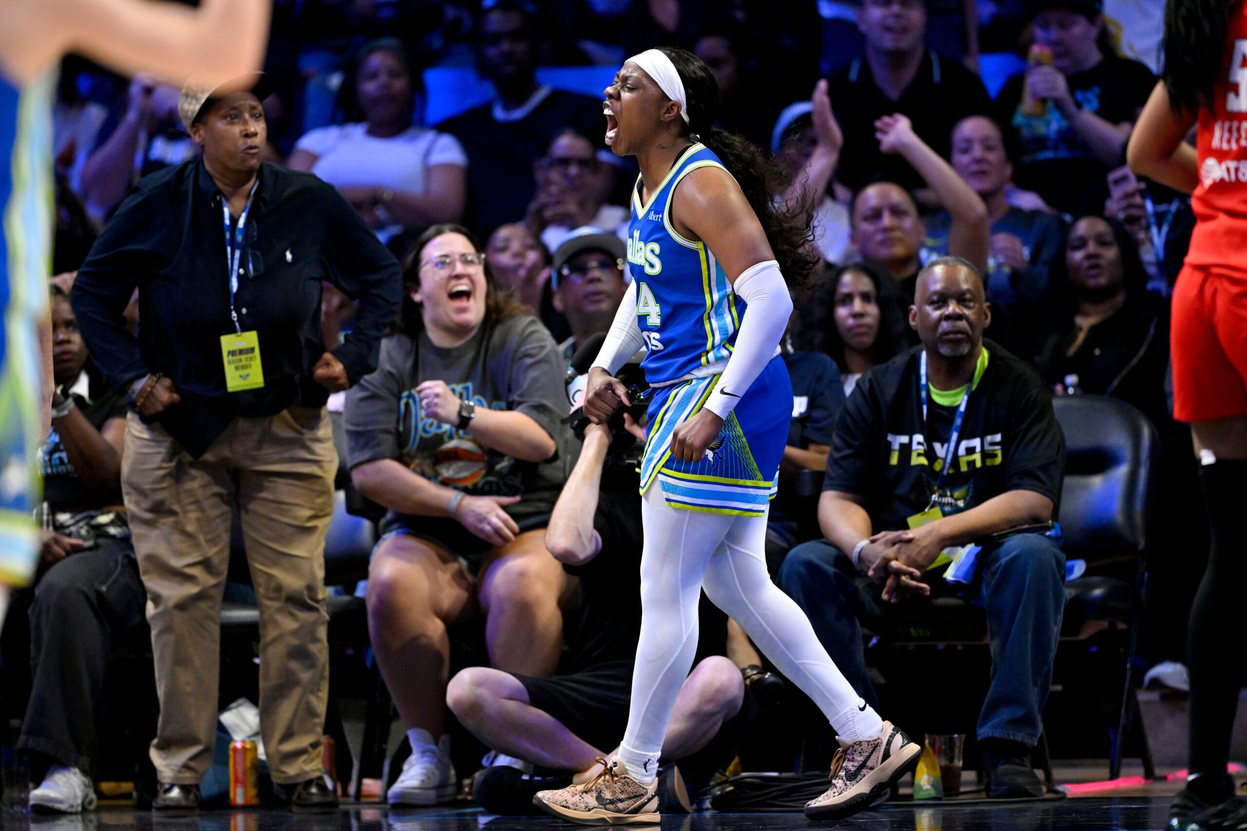 May 12, 2026; Arlington, Texas, USA; Dallas Wings guard Arike Ogunbowale (24) celebrates after making a basket against the Atlanta Dream during the second half at College Park Center. Mandatory Credit: Jerome Miron-Imagn Images
