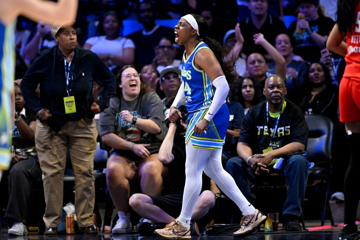 May 12, 2026; Arlington, Texas, USA; Dallas Wings guard Arike Ogunbowale (24) celebrates after making a basket against the Atlanta Dream during the second half at College Park Center. Mandatory Credit: Jerome Miron-Imagn Images