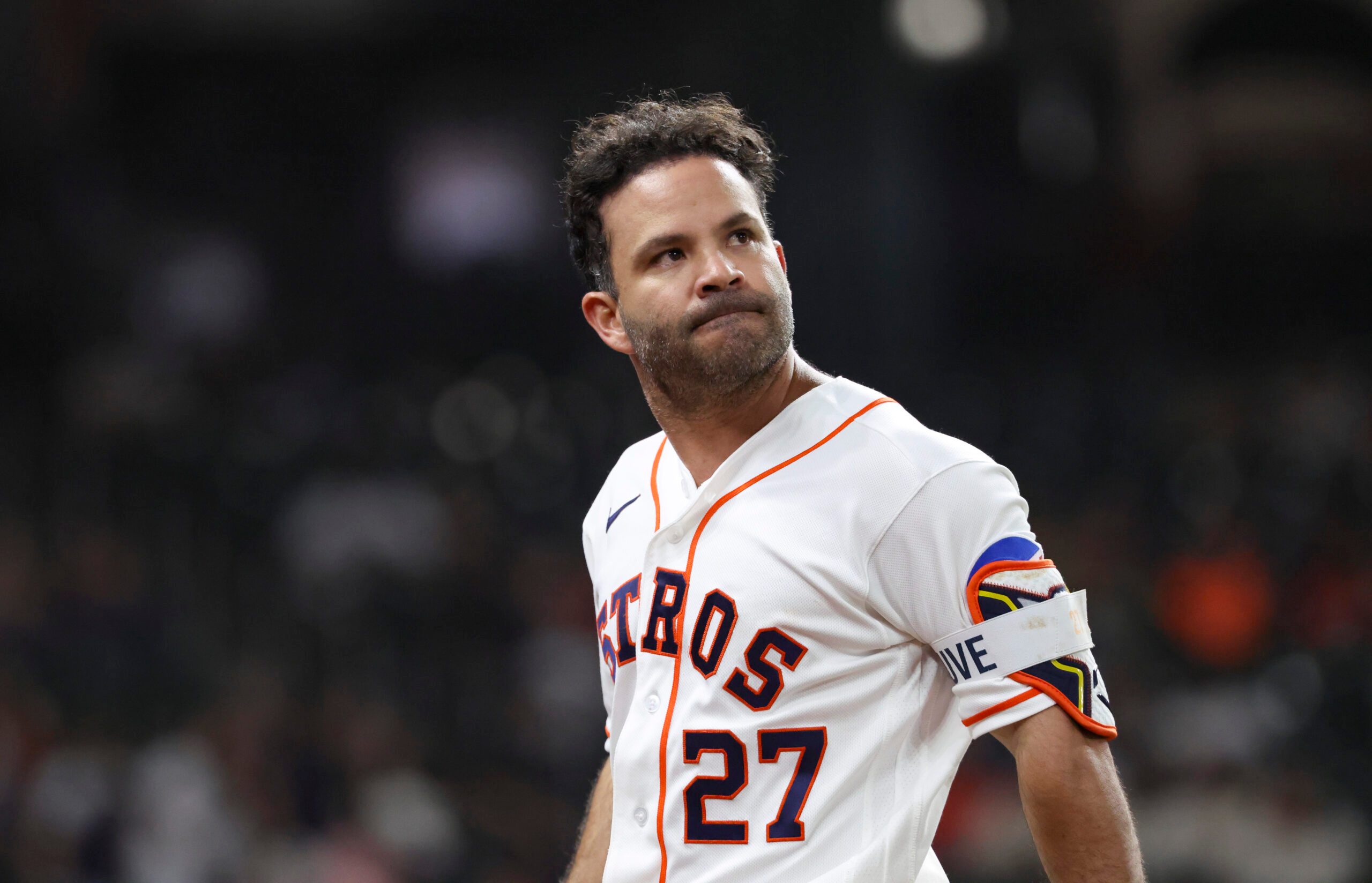 May 12, 2026; Houston, Texas, USA; Houston Astros second baseman Jose Altuve (27) reacts after batting during the eighth inning against the Seattle Mariners at Daikin Park. Mandatory Credit: Troy Taormina-Imagn Images