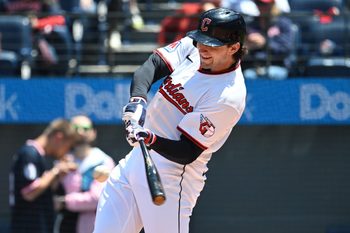 May 13, 2026; Cleveland, Ohio, USA; Cleveland Guardians right fielder Chase DeLauter (24) hits a single during the first inning against the Los Angeles Angels at Progressive Field. Mandatory Credit: Ken Blaze-Imagn Images