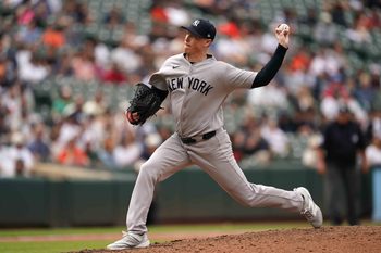 May 13, 2026; Baltimore, Maryland, USA; New York Yankees pitcher Ryan Yarbrough (33) delivers during the seventh inning against the Baltimore Orioles at Oriole Park at Camden Yards. Mandatory Credit: Mitch Stringer-Imagn Images