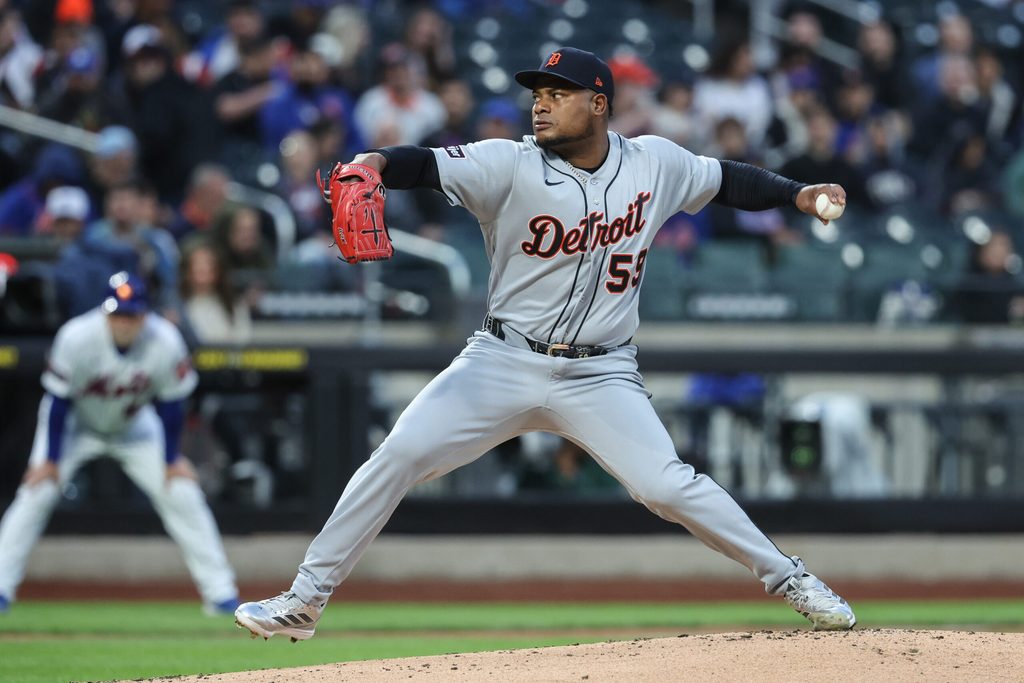 May 13, 2026; New York City, New York, USA; Detroit Tigers starting pitcher Framber Valdez (59) pitches in the first inning against the New York Mets at Citi Field. Mandatory Credit: Wendell Cruz-Imagn Images