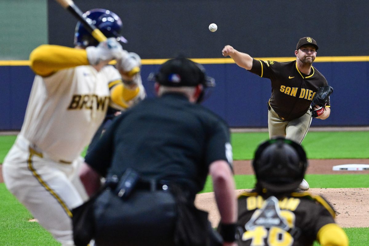 May 13, 2026; Milwaukee, Wisconsin, USA; San Diego Padres starting pitcher Michael King (34) throws a pitch in the first inning against the Milwaukee Brewers at American Family Field. Mandatory Credit: Benny Sieu-Imagn Images
