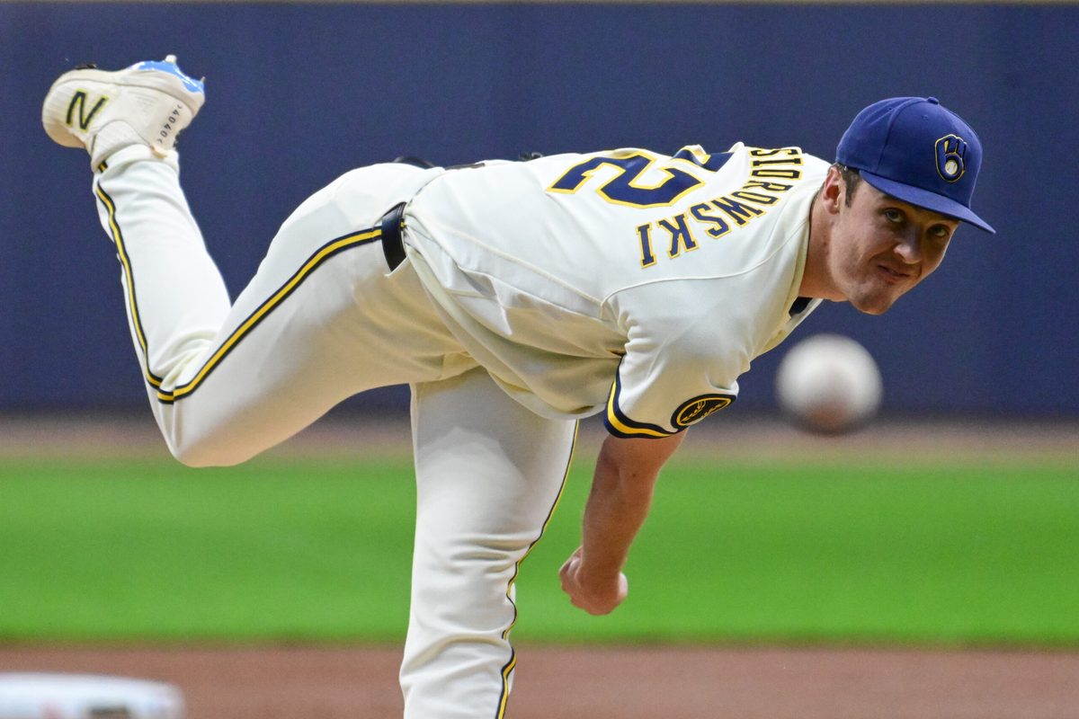 May 13, 2026; Milwaukee, Wisconsin, USA;  Milwaukee Brewers starting pitcher Jacob Misiorowski (32) throws a pitch in the first inning against the San Diego Padres at American Family Field. Mandatory Credit: Benny Sieu-Imagn Images