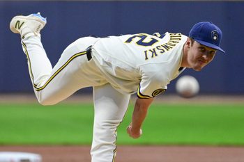 May 13, 2026; Milwaukee, Wisconsin, USA;  Milwaukee Brewers starting pitcher Jacob Misiorowski (32) throws a pitch in the first inning against the San Diego Padres at American Family Field. Mandatory Credit: Benny Sieu-Imagn Images