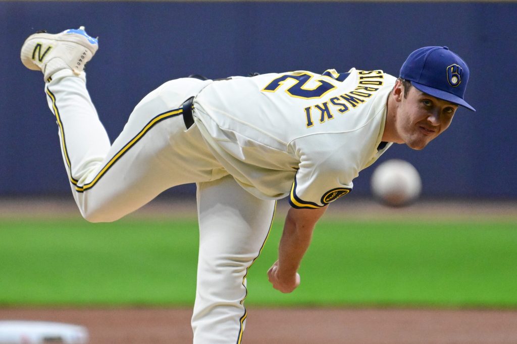 May 13, 2026; Milwaukee, Wisconsin, USA; Milwaukee Brewers starting pitcher Jacob Misiorowski (32) throws a pitch in the first inning against the San Diego Padres at American Family Field. Mandatory Credit: Benny Sieu-Imagn Images