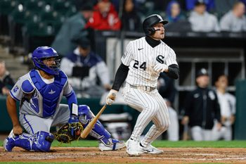 May 13, 2026; Chicago, Illinois, USA; Chicago White Sox right fielder Jarred Kelenic (24) watches his two-run double against the Kansas City Royals during the fifth inning at Rate Field. Mandatory Credit: Kamil Krzaczynski-Imagn Images