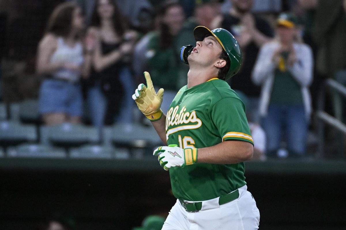 May 13, 2026; West Sacramento, California, USA; Athletics first baseman Nick Kurtz (16) points to the sky after hitting a grand slam against the St. Louis Cardinals during the fifth inning at Sutter Health Park. Mandatory Credit: Ed Szczepanski-Imagn Images