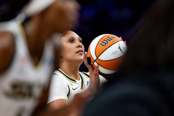 May 13, 2026; San Francisco, California, USA; Chicago Sky center Kamilla Cardoso (10) shoots a free throw during the fourth quarter against the Golden State Valkyries at Chase Center. Mandatory Credit: Bob Kupbens-Imagn Images