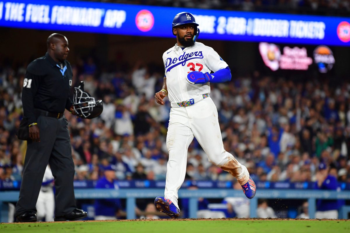 May 13, 2026; Los Angeles, California, USA; Los Angeles Dodgers left fielder Teoscar Hernández (37) scores in the fourth inning against the San Francisco Giants at Dodger Stadium. Mandatory Credit: Gary A. Vasquez-Imagn Images