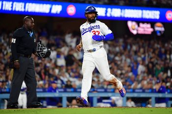 May 13, 2026; Los Angeles, California, USA; Los Angeles Dodgers left fielder Teoscar Hernández (37) scores in the fourth inning against the San Francisco Giants at Dodger Stadium. Mandatory Credit: Gary A. Vasquez-Imagn Images