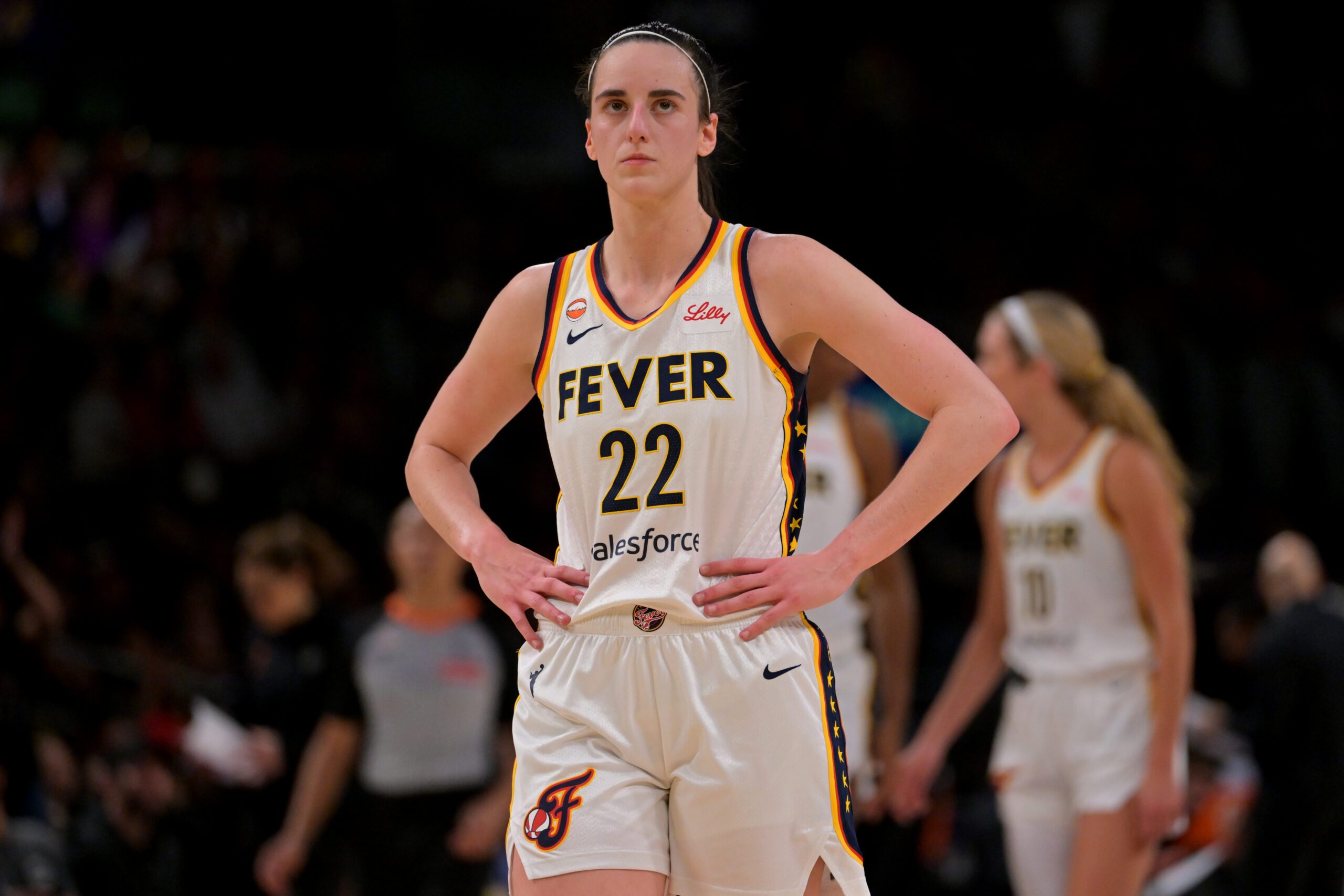 May 13, 2026; Los Angeles, California, USA; Indiana Fever guard Caitlin Clark (22) looks on in the second half against the Los Angeles Sparks at Crypto.com Arena. Mandatory Credit: Jayne Kamin-Oncea-Imagn Images