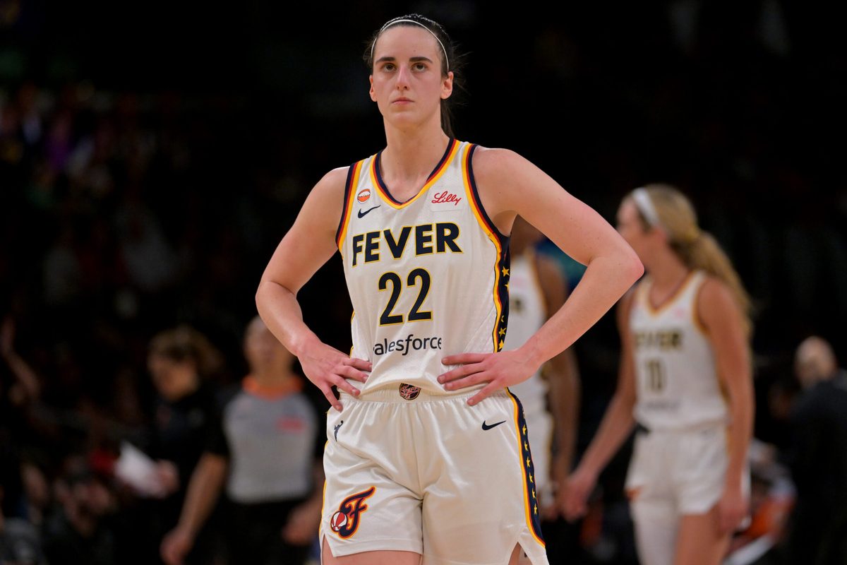 May 13, 2026; Los Angeles, California, USA; Indiana Fever guard Caitlin Clark (22) looks on in the second half against the Los Angeles Sparks at Crypto.com Arena. Mandatory Credit: Jayne Kamin-Oncea-Imagn Images