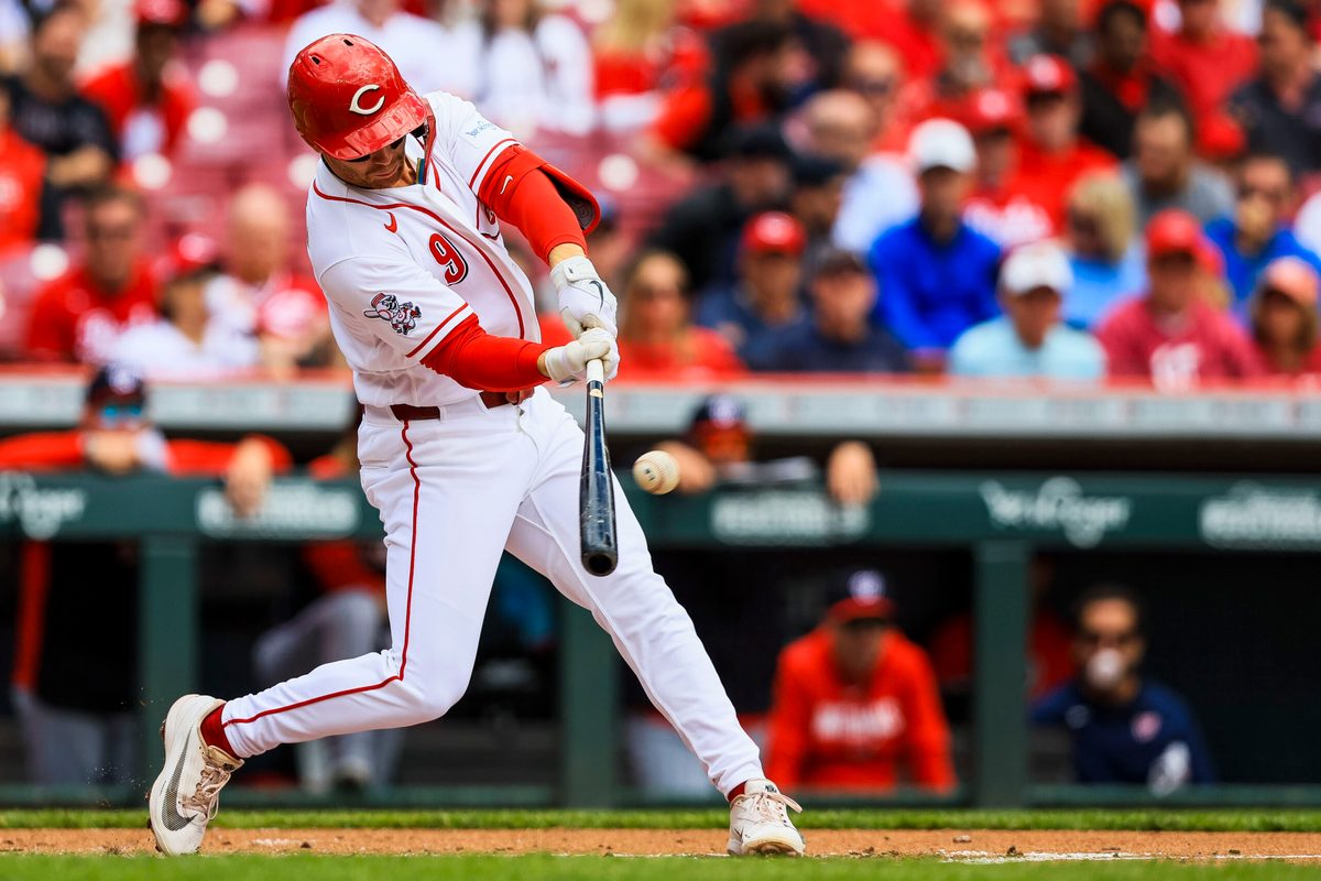 May 14, 2026; Cincinnati, Ohio, USA; Cincinnati Reds second baseman Matt McLain (9) hits a two-run home run in the second inning against the Washington Nationals at Great American Ball Park. Mandatory Credit: Katie Stratman-Imagn Images