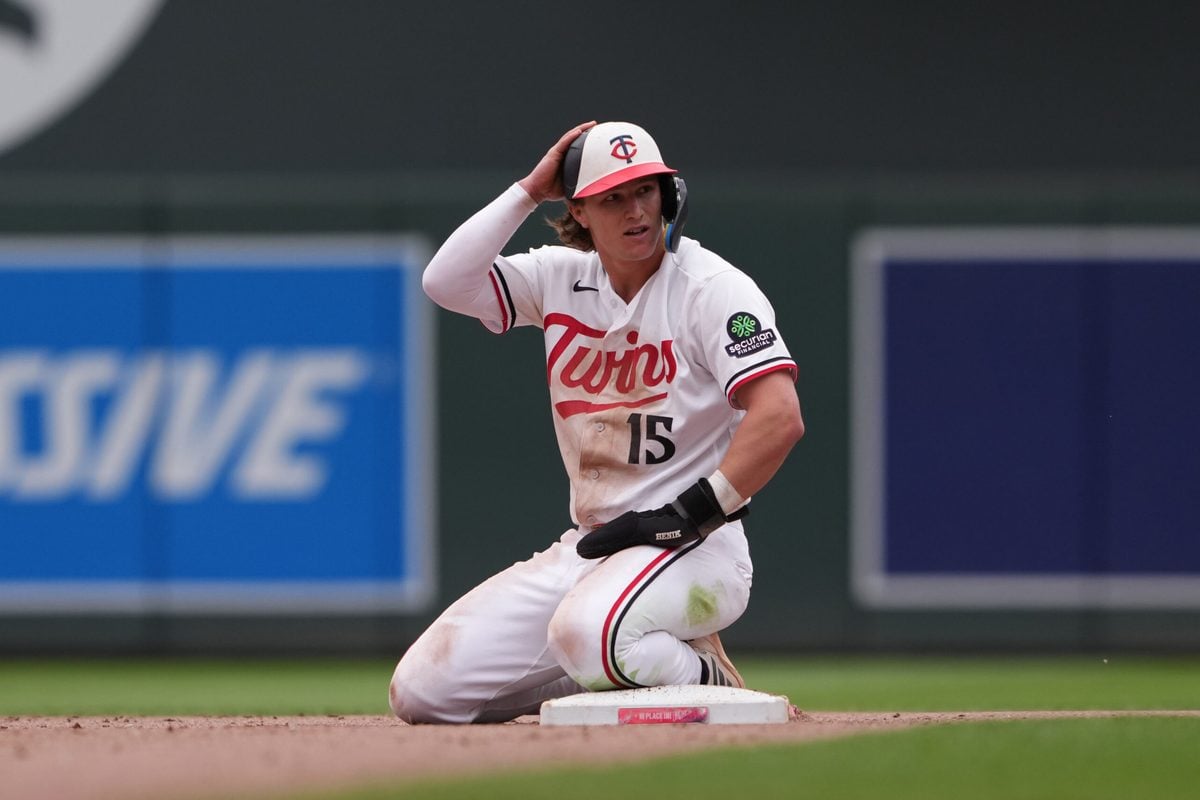 May 14, 2026; Minneapolis, Minnesota, USA; Minnesota Twins second baseman Luke Keaschall (15) reacts after stealing second base during the eighth inning against the Miami Marlins at Target Field. Mandatory Credit: Jordan Johnson-Imagn Images