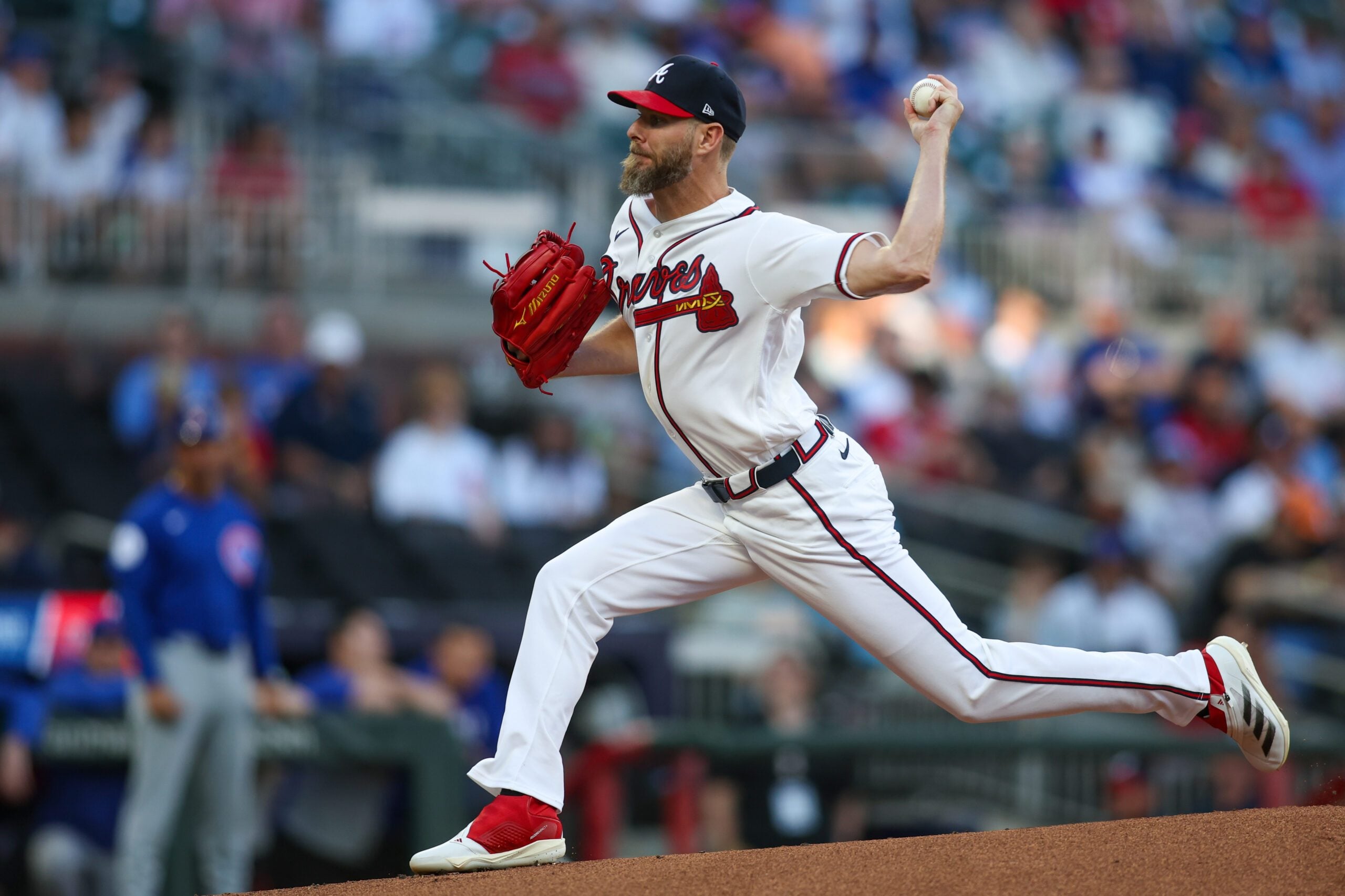 May 14, 2026; Atlanta, Georgia, USA; Atlanta Braves pitcher Chris Sale (51) throws against the Chicago Cubs in the first inning at Truist Park. Mandatory Credit: Brett Davis-Imagn Images