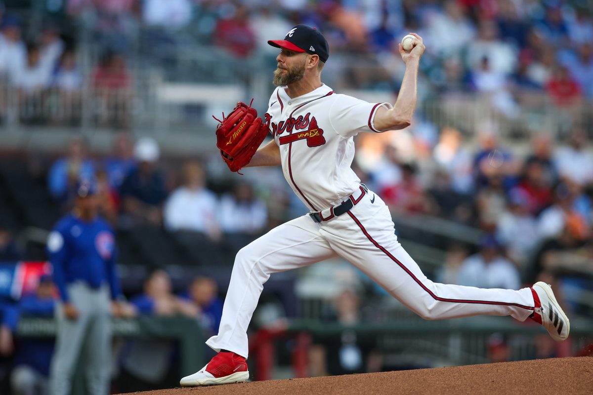 May 14, 2026; Atlanta, Georgia, USA; Atlanta Braves pitcher Chris Sale (51) throws against the Chicago Cubs in the first inning at Truist Park. Mandatory Credit: Brett Davis-Imagn Images