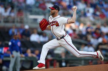 May 14, 2026; Atlanta, Georgia, USA; Atlanta Braves pitcher Chris Sale (51) throws against the Chicago Cubs in the first inning at Truist Park. Mandatory Credit: Brett Davis-Imagn Images
