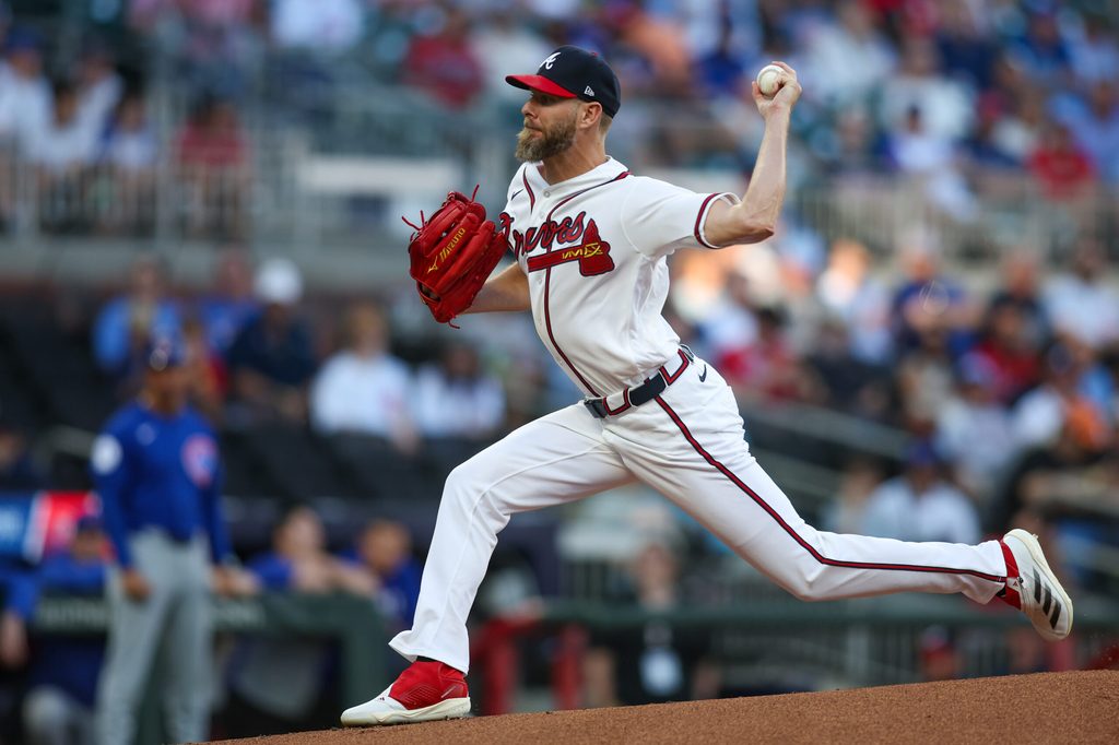 May 14, 2026; Atlanta, Georgia, USA; Atlanta Braves pitcher Chris Sale (51) throws against the Chicago Cubs in the first inning at Truist Park. Mandatory Credit: Brett Davis-Imagn Images