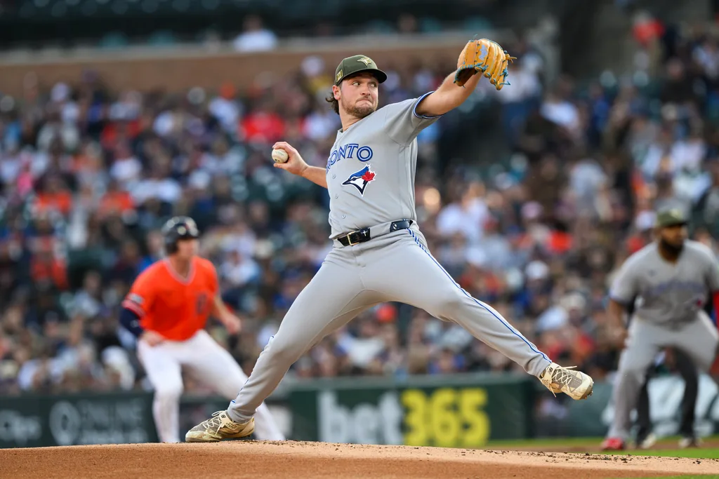 May 15, 2026; Detroit, Michigan, USA; Toronto Blue Jays starting pitcher Trey Yesavage (39) throws a pitch against the Detroit Tigers in the first inning at Comerica Park. Mandatory Credit: Lon Horwedel-Imagn Images