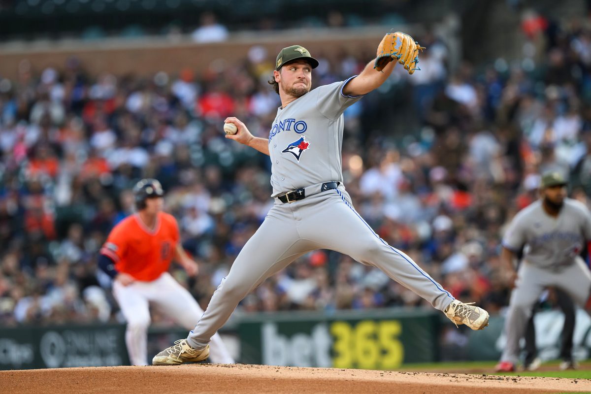 May 15, 2026; Detroit, Michigan, USA; Toronto Blue Jays starting pitcher Trey Yesavage (39) throws a pitch against the Detroit Tigers in the first inning at Comerica Park. Mandatory Credit: Lon Horwedel-Imagn Images