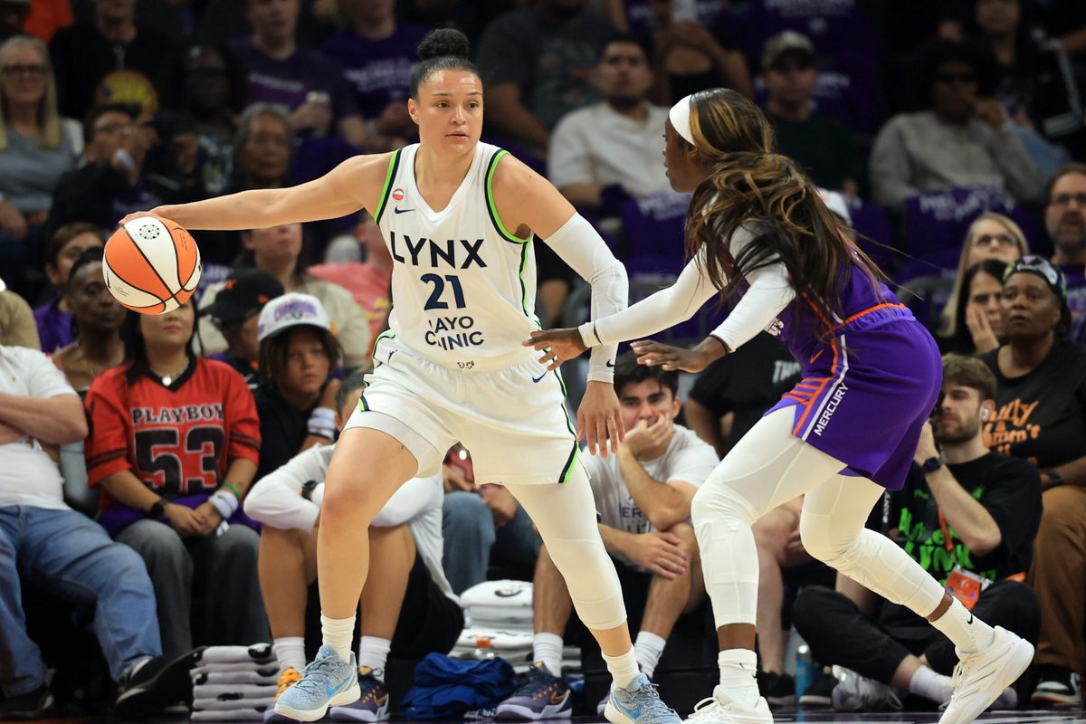 May 12, 2026; Phoenix, Arizona, USA; Minnesota Lynx guard Kayla McBride (21) against the Phoenix Mercury at Mortgage Matchup Center. Mandatory Credit: Mark J. Rebilas-Imagn Images