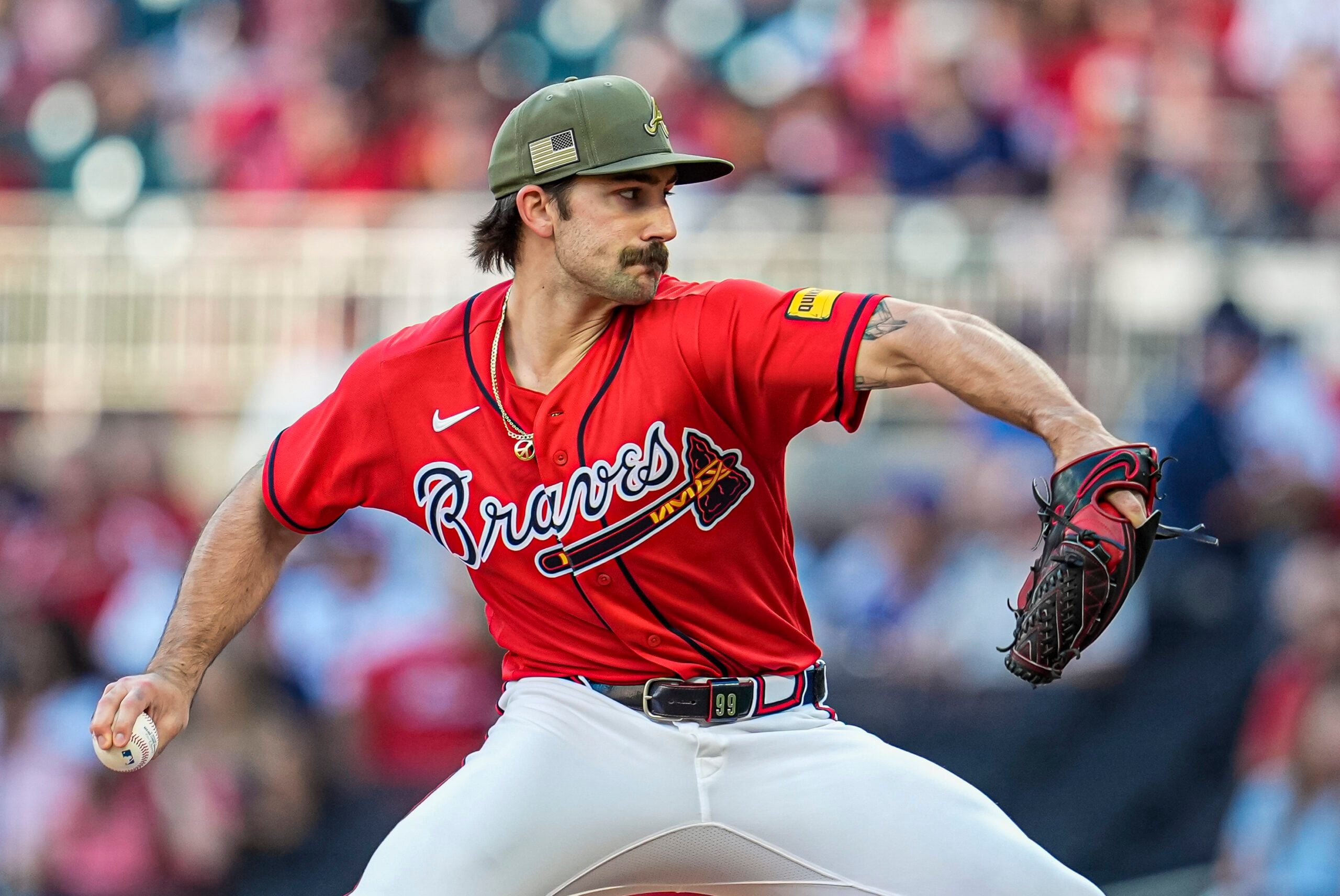 May 15, 2026; Cumberland, Georgia, USA; Atlanta Braves pitcher Spencer Strider (99) pitches against the Boston Red Sox during the first inning at Truist Park. Mandatory Credit: Dale Zanine-Imagn Images