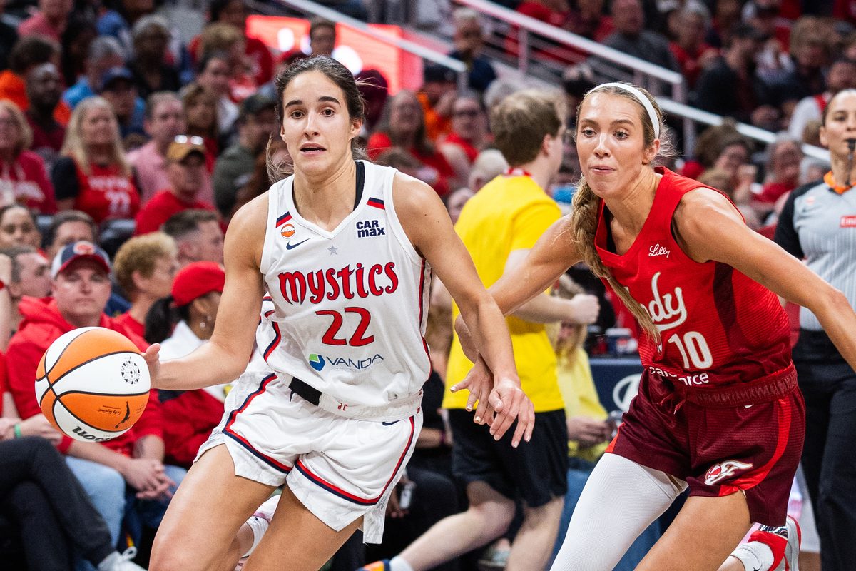 May 15, 2026; Indianapolis, Indiana, USA; Washington Mystics guard Sonia Citron (22) dribbles the ball while Indiana Fever guard Lexie Hull (10) defends in the first half at Gainbridge Fieldhouse. Mandatory Credit: Trevor Ruszkowski-Imagn Images