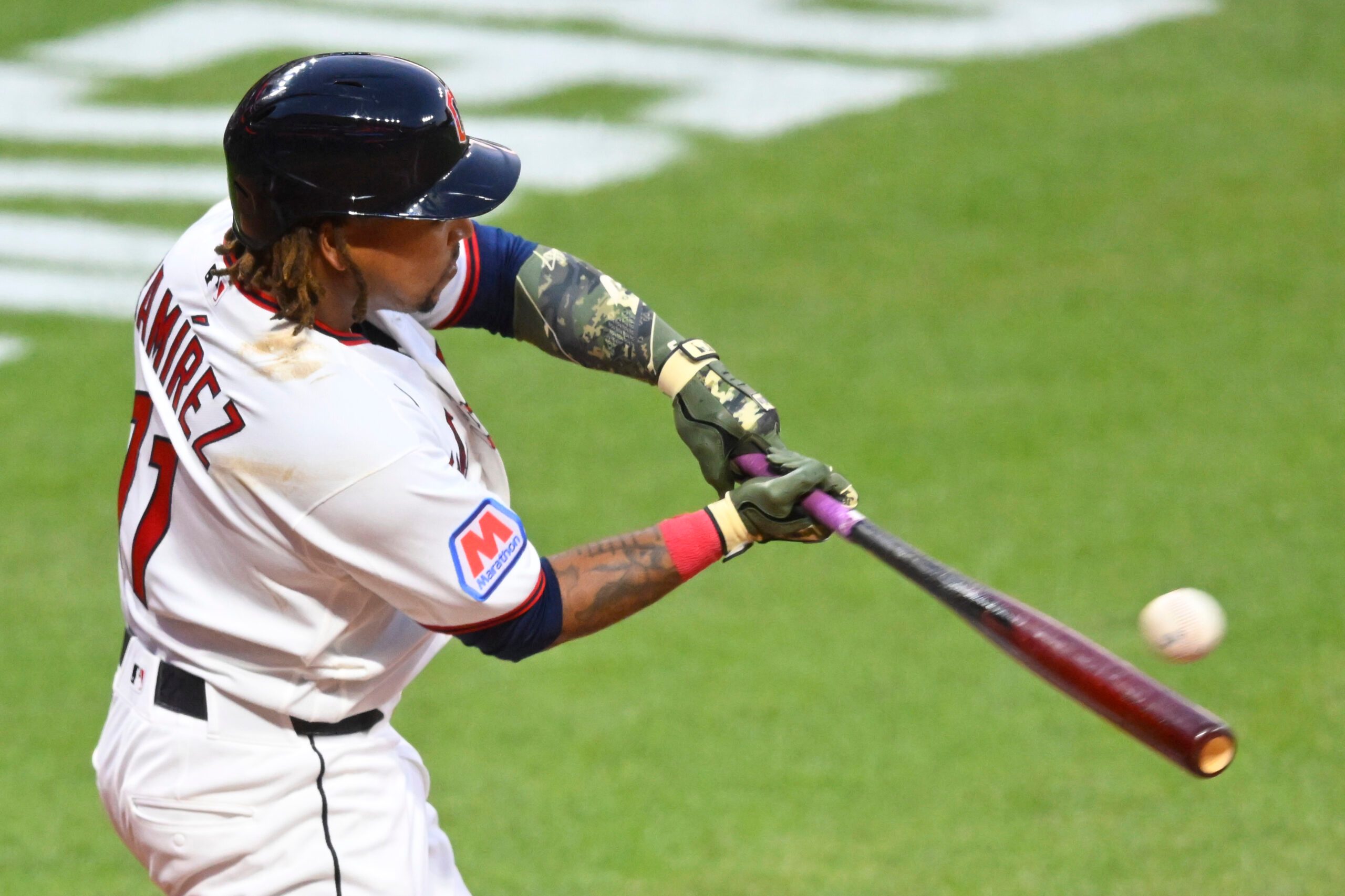 May 15, 2026; Cleveland, Ohio, USA; Cleveland Guardians third baseman Jose Ramirez (11) singles in the fifth inning against the Cincinnati Reds at Progressive Field. Mandatory Credit: David Richard-Imagn Images
